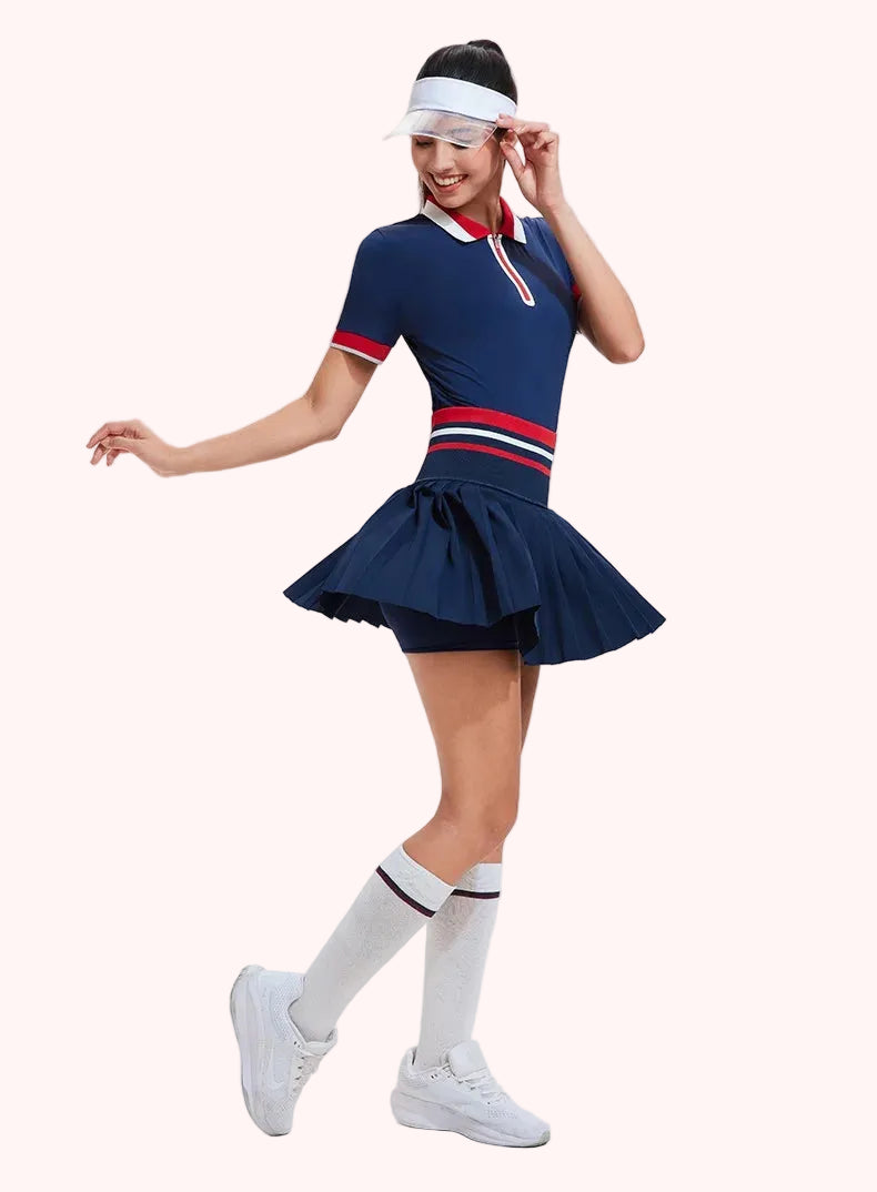 Women's High Quality High Waist Workout Short-Sleeved Slim-Fit Polo Collar Golf Badminton Suit Two Piece Skirt for Tennis Wear