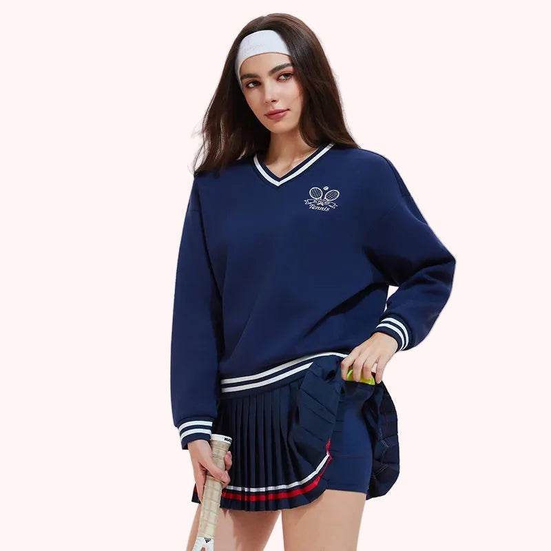 New Custom Unisex Loose Fit Cotton Polyester Pullover Oversized Long Sleeve V Neck Knitwear Sports Tennis Pullover Sweatshirt