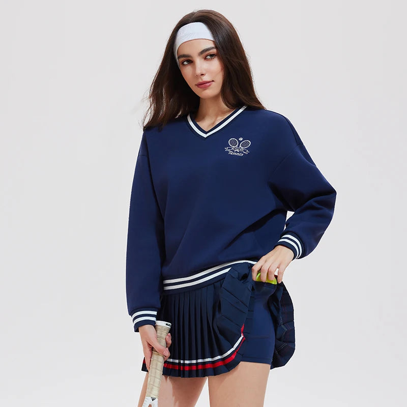 New Custom Unisex Loose Fit Cotton Polyester Pullover Oversized Long Sleeve V Neck Knitwear Sports Tennis Pullover Sweatshirt