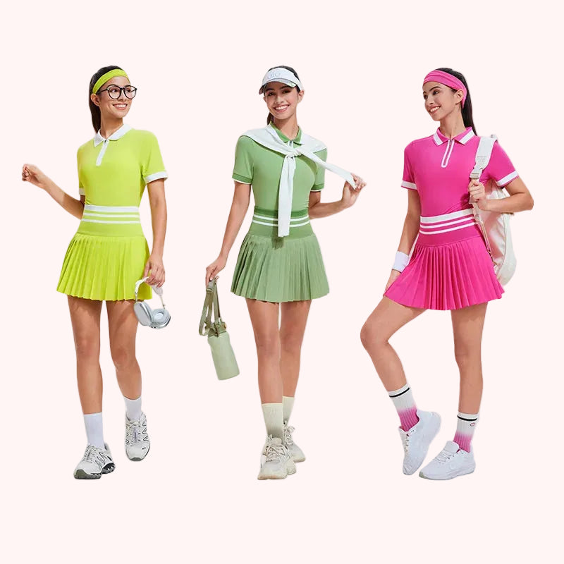 Factory Wholesale 2 Piece Nude Feeling Polo Pleated Mini Short Skirt Set Tennis Wear for Women