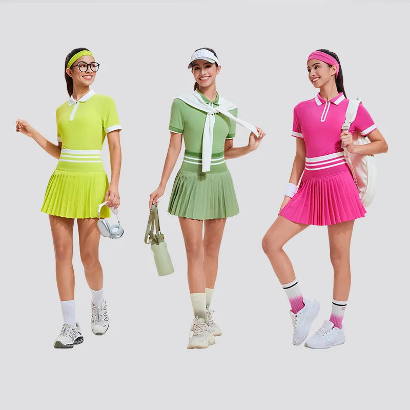 Factory Wholesale 2 Piece Nude Feeling Polo Pleated Mini Short Skirt Set Tennis Wear for Women