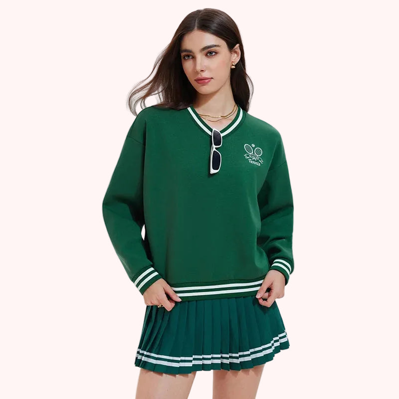 New Custom Unisex Loose Fit Cotton Polyester Pullover Oversized Long Sleeve V Neck Knitwear Sports Tennis Pullover Sweatshirt