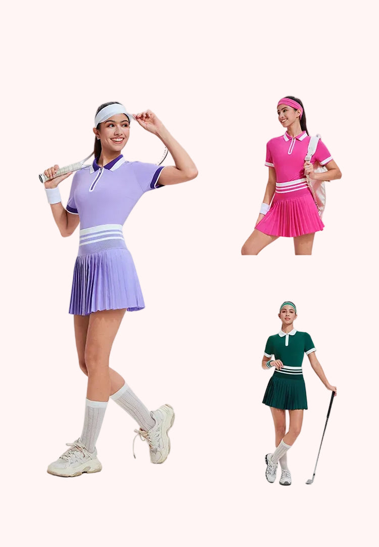 Women's High Quality High Waist Workout Short-Sleeved Slim-Fit Polo Collar Golf Badminton Suit Two Piece Skirt for Tennis Wear