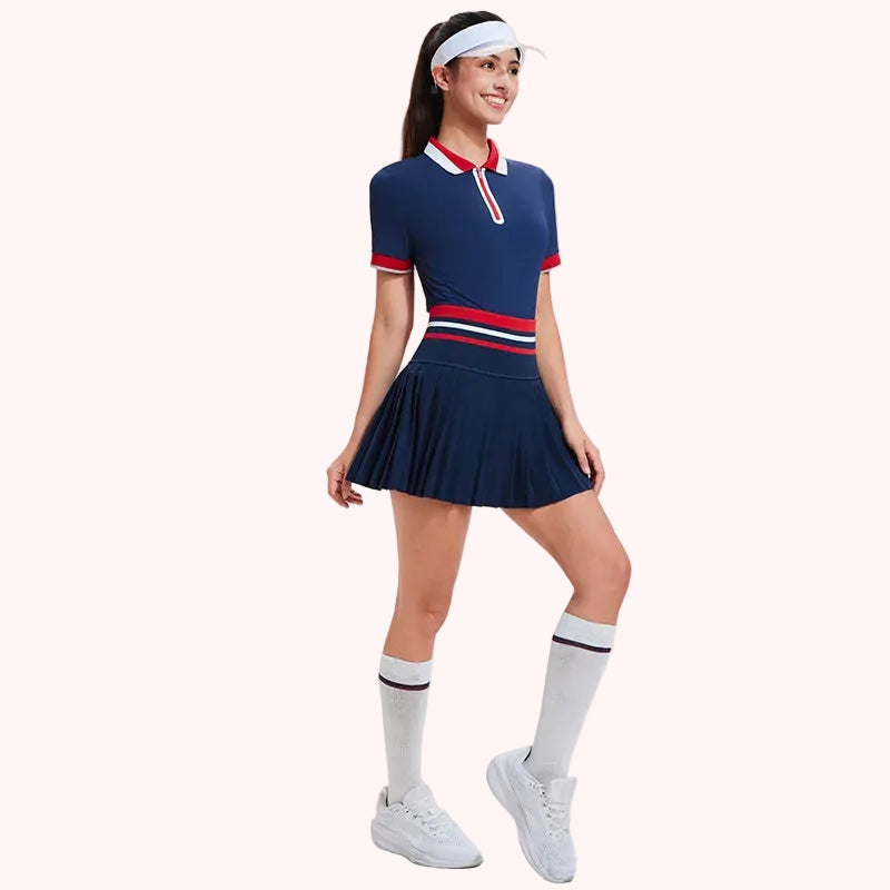 Factory Wholesale 2 Piece Nude Feeling Polo Pleated Mini Short Skirt Set Tennis Wear for Women