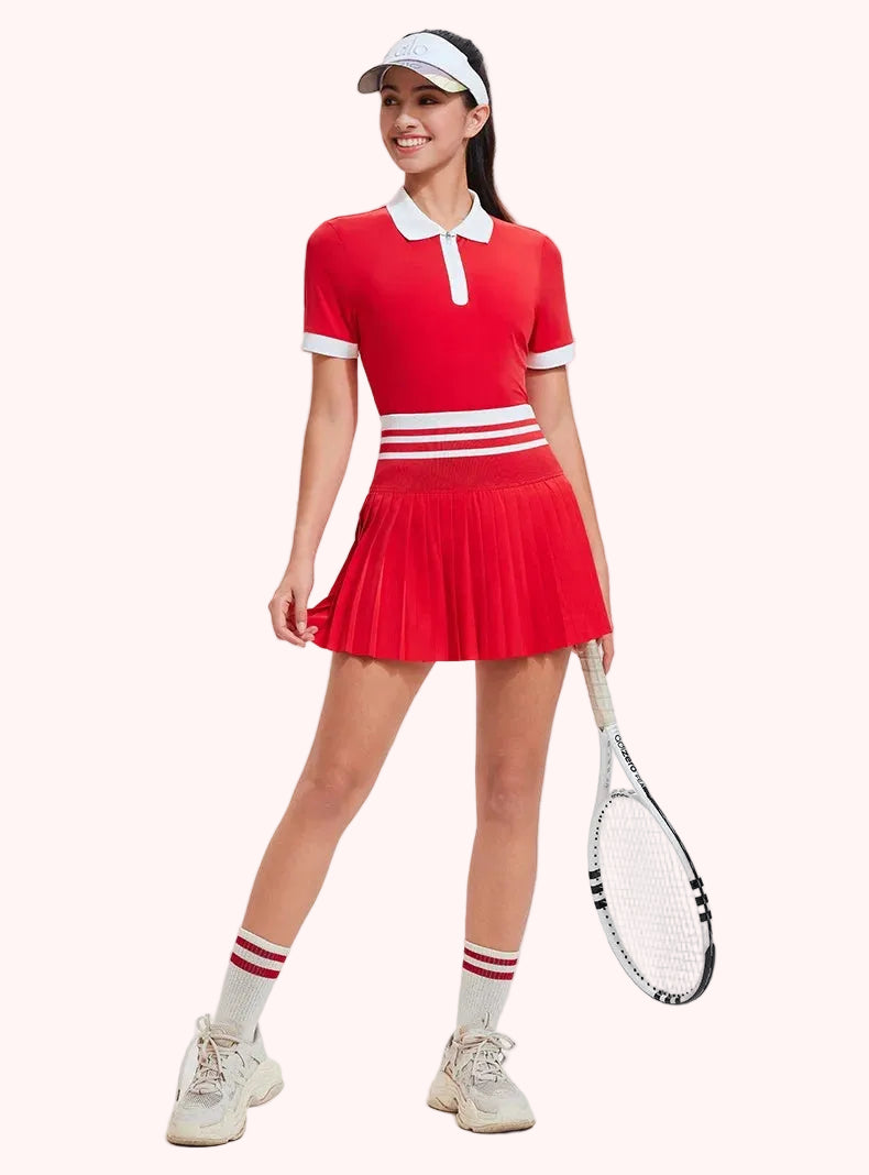 Women's High Quality High Waist Workout Short-Sleeved Slim-Fit Polo Collar Golf Badminton Suit Two Piece Skirt for Tennis Wear