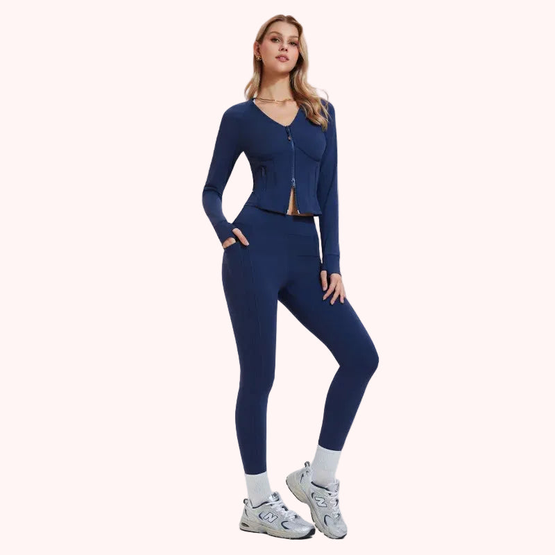 Wholesale Breathable Solid Deep V Zip Gym Fitness Jacket 2 Piece Sets High Waist Yoga Leggings Set for Women