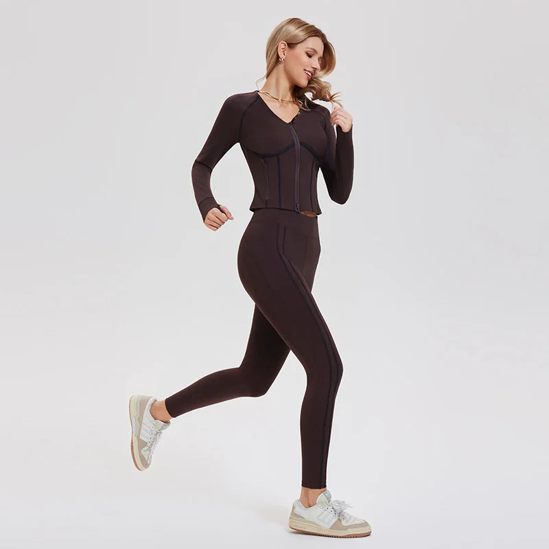 Wholesale Breathable Solid Deep V Zip Gym Fitness Jacket 2 Piece Sets High Waist Yoga Leggings Set for Women