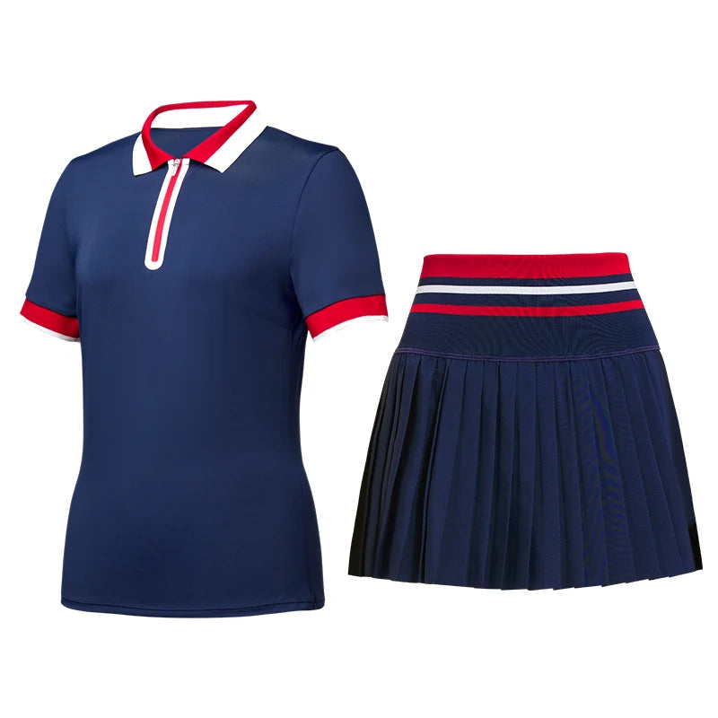 Factory Wholesale 2 Piece Nude Feeling Polo Pleated Mini Short Skirt Set Tennis Wear for Women
