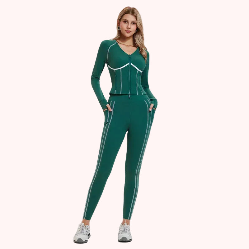 Wholesale Breathable Solid Deep V Zip Gym Fitness Jacket 2 Piece Sets High Waist Yoga Leggings Set for Women