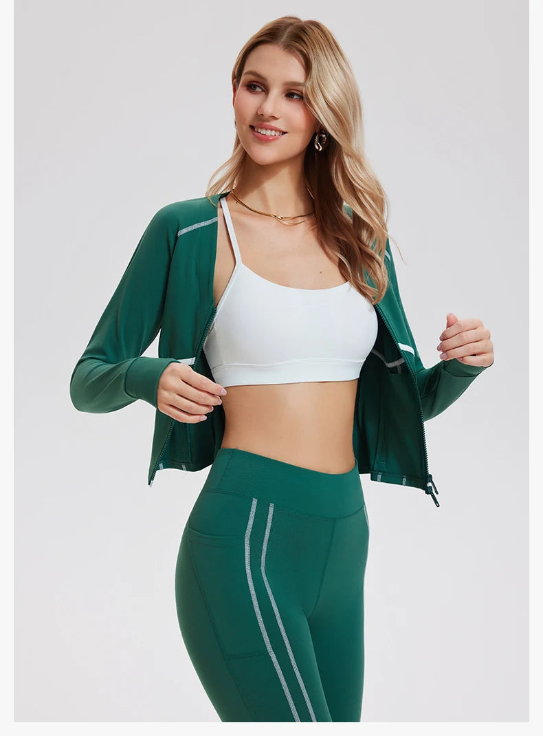 Wholesale Breathable Solid Deep V Zip Gym Fitness Jacket 2 Piece Sets High Waist Yoga Leggings Set for Women