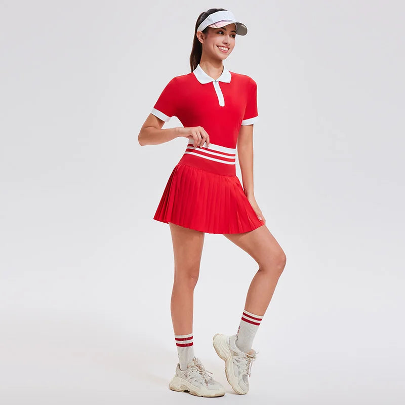 Factory Wholesale 2 Piece Nude Feeling Polo Pleated Mini Short Skirt Set Tennis Wear for Women