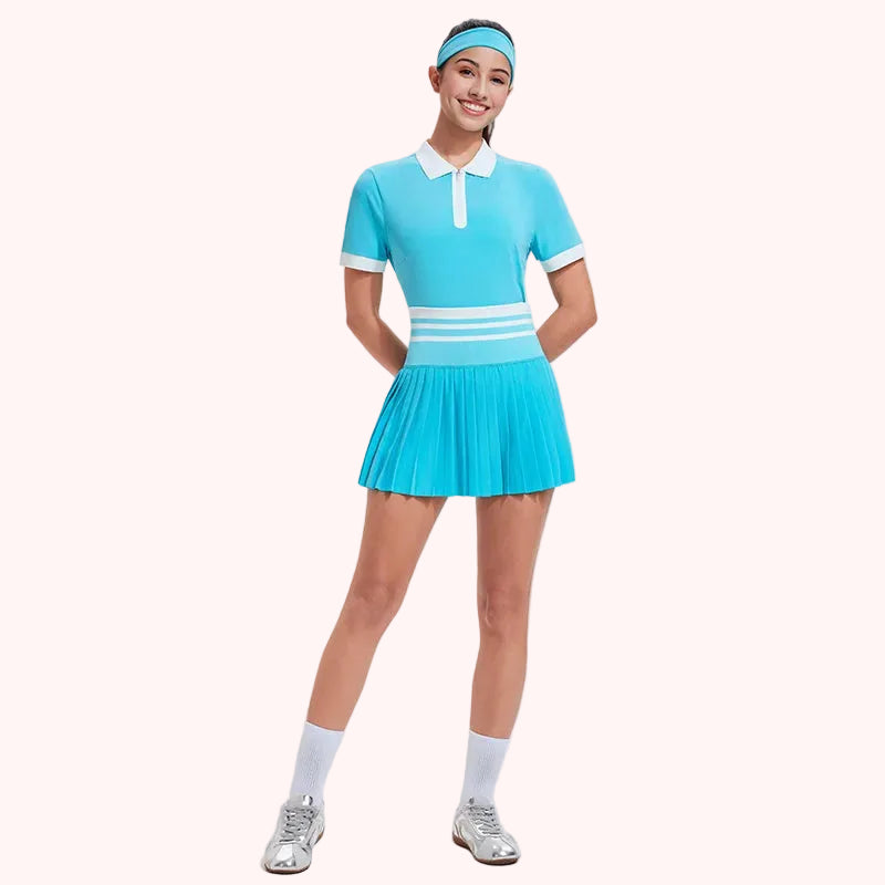 Factory Wholesale 2 Piece Nude Feeling Polo Pleated Mini Short Skirt Set Tennis Wear for Women