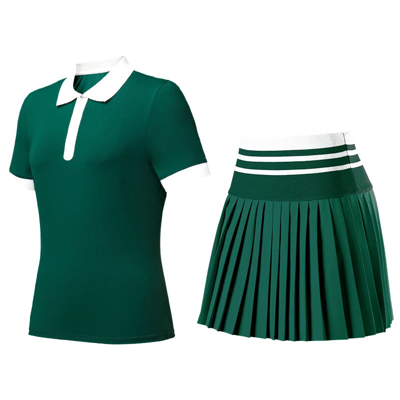Factory Wholesale 2 Piece Nude Feeling Polo Pleated Mini Short Skirt Set Tennis Wear for Women